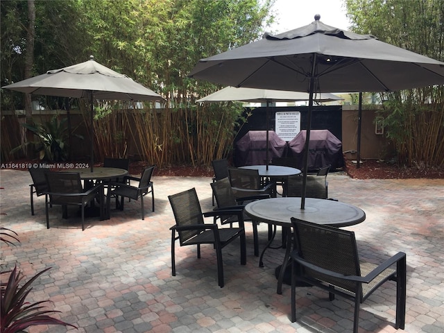 view of patio with outdoor dining space and a fenced backyard