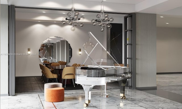 dining area with an inviting chandelier and tile patterned floors