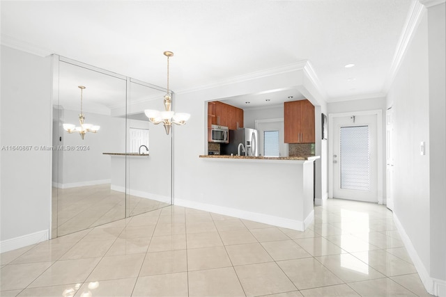 interior space with an inviting chandelier, crown molding, and light tile patterned floors