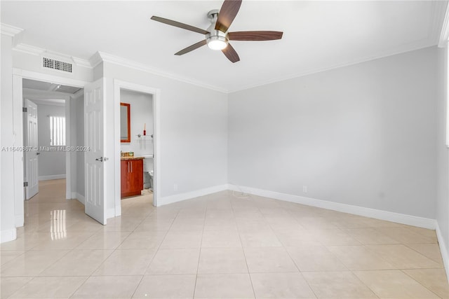 unfurnished room with light tile patterned floors, ornamental molding, and ceiling fan