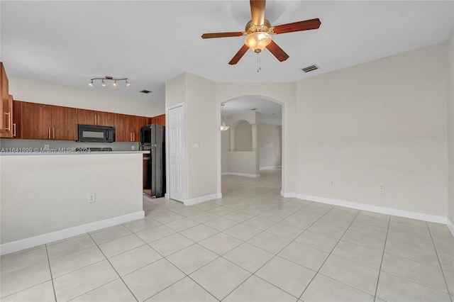 kitchen featuring black appliances, light tile patterned flooring, rail lighting, and ceiling fan