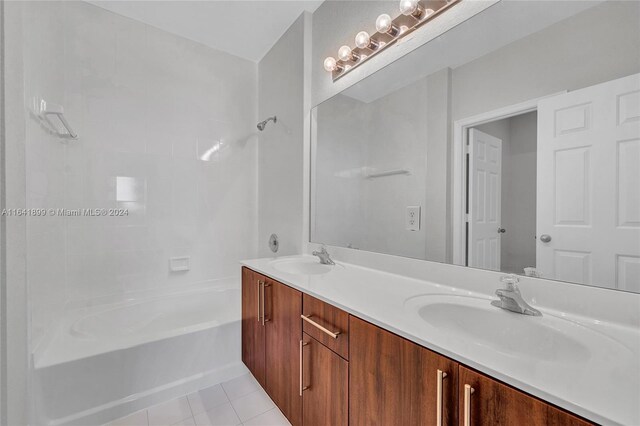 bathroom with double vanity and tile patterned flooring