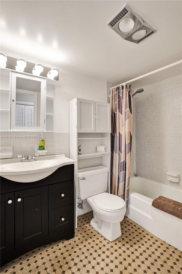 full bathroom with backsplash, shower / tub combo with curtain, tile patterned flooring, vanity, and toilet