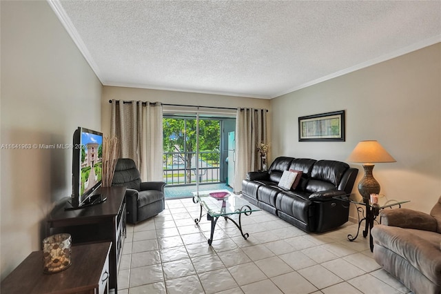 tiled living room with a textured ceiling and ornamental molding