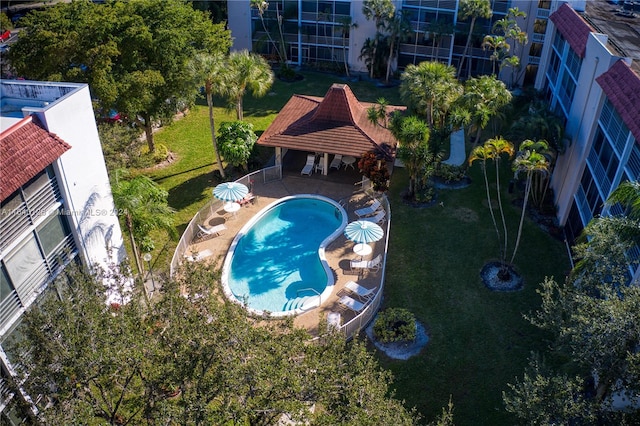 exterior space featuring a lawn, a patio, and a gazebo