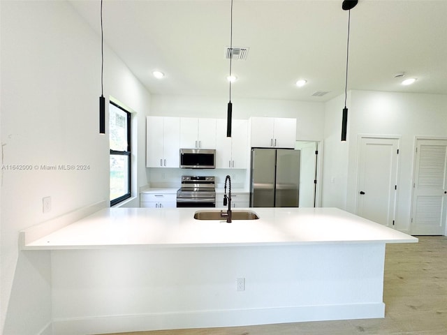 kitchen featuring pendant lighting, appliances with stainless steel finishes, sink, and light hardwood / wood-style flooring