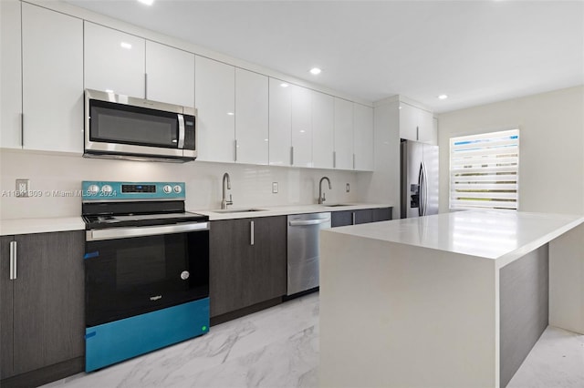 kitchen with appliances with stainless steel finishes, sink, backsplash, and white cabinetry