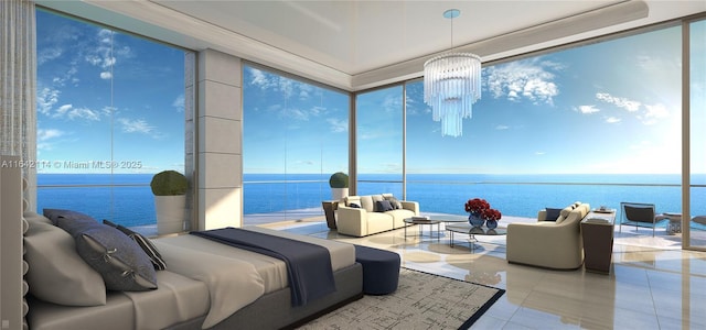 bedroom featuring multiple windows, light tile patterned flooring, floor to ceiling windows, and a water view