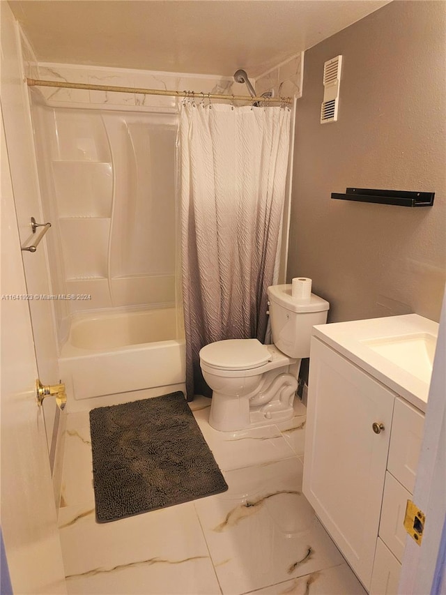 full bathroom featuring shower / bathtub combination with curtain, toilet, tile patterned floors, and vanity