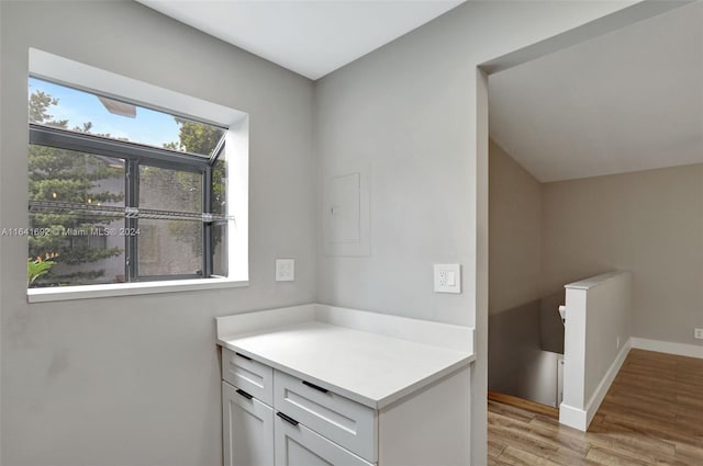 kitchen featuring electric panel and light hardwood / wood-style flooring