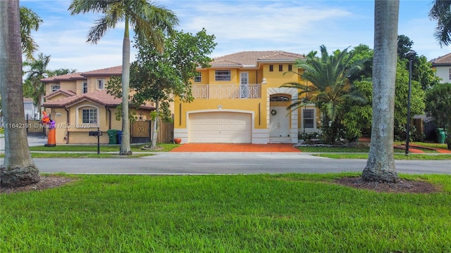 mediterranean / spanish home featuring a garage, a front yard, driveway, and a balcony