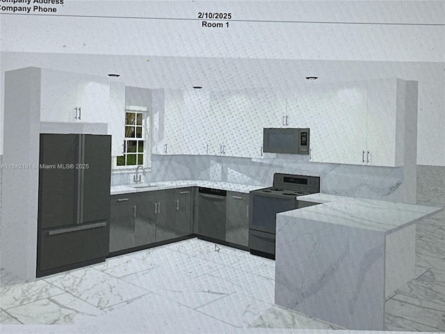 kitchen with sink, dishwasher, white cabinetry, range with electric cooktop, and tasteful backsplash