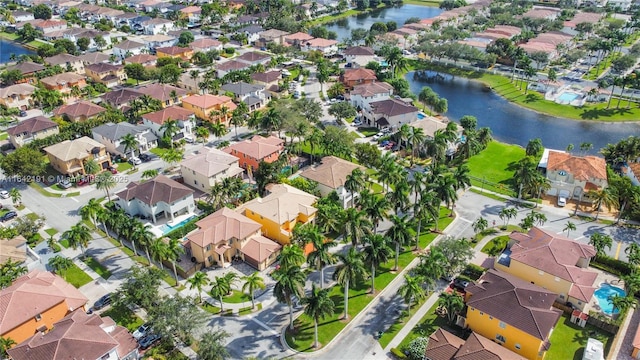 birds eye view of property with a residential view and a water view