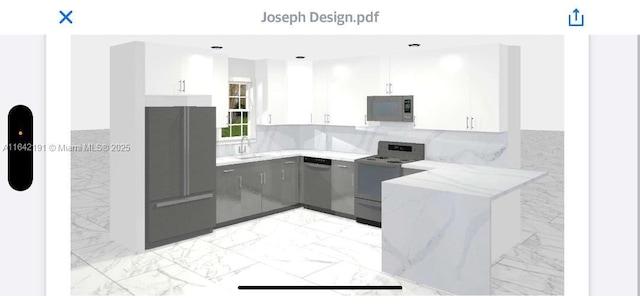 kitchen with appliances with stainless steel finishes, marble finish floor, white cabinets, and light stone counters