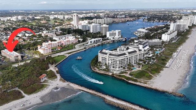 aerial view featuring a water view