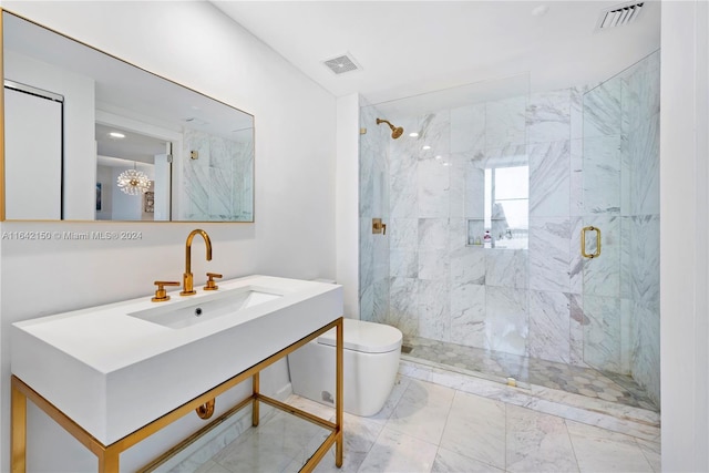 bathroom with walk in shower, toilet, tile patterned floors, and vanity