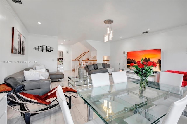 dining space with stairway, recessed lighting, crown molding, and visible vents