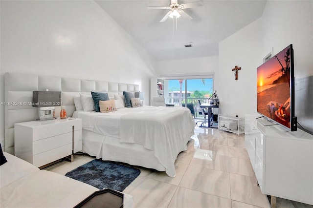 bedroom featuring ceiling fan, visible vents, and access to exterior