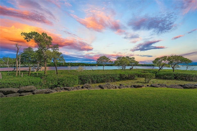 yard at dusk with a water view