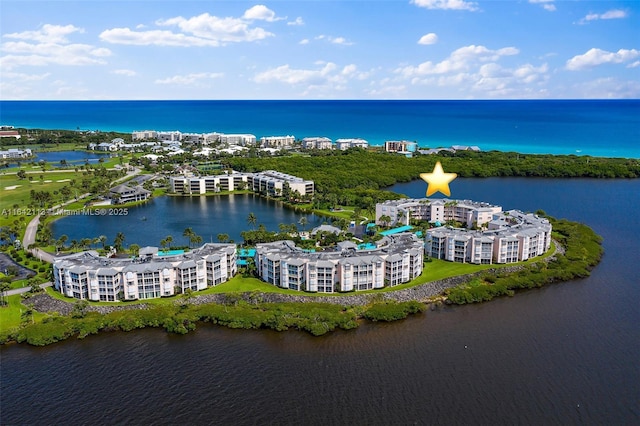 bird's eye view with a water view