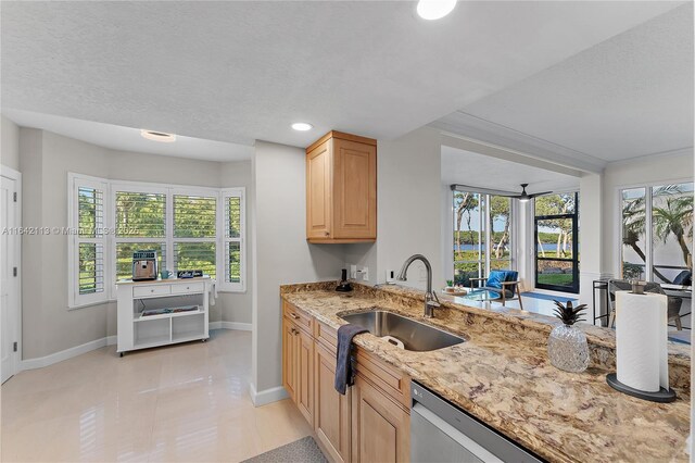 kitchen with light brown cabinetry, sink, light stone counters, and a healthy amount of sunlight