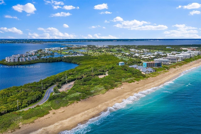 drone / aerial view with a water view and a view of the beach