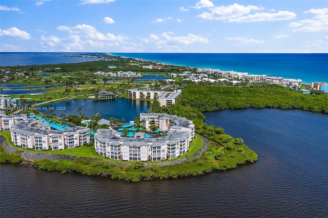 drone / aerial view with a water view