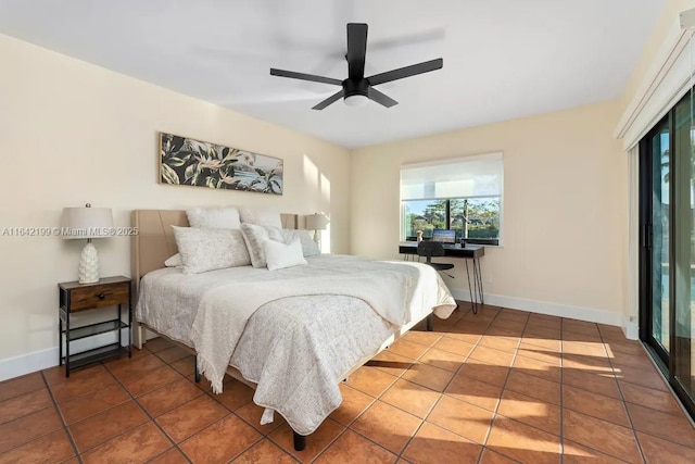 tiled bedroom with ceiling fan