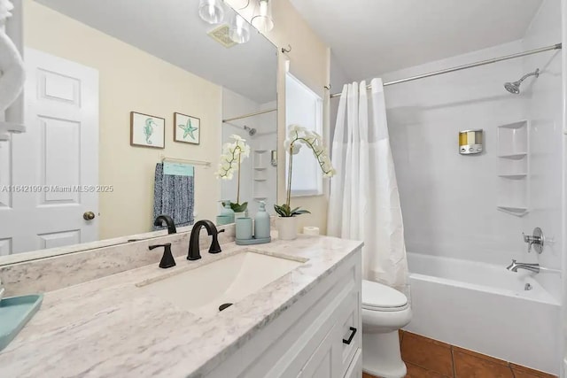 full bathroom featuring shower / tub combo, toilet, tile patterned flooring, and vanity