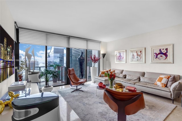 tiled living room with floor to ceiling windows