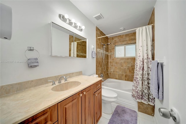 full bathroom with shower / tub combo, tile patterned floors, toilet, and vanity