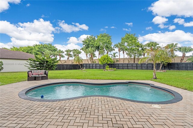 view of pool with a patio area and a lawn