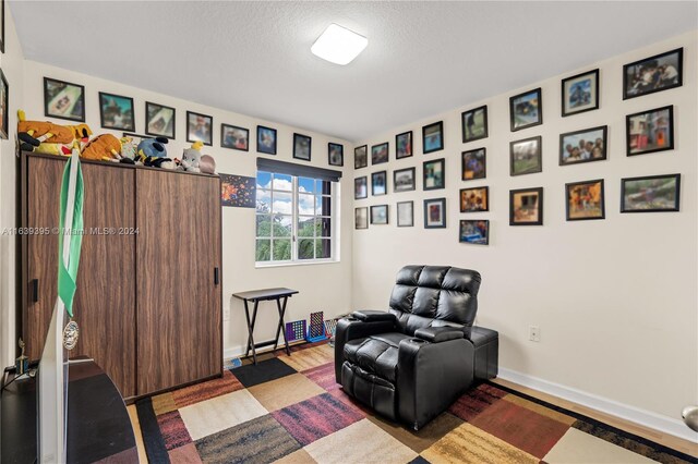 living area featuring a textured ceiling and hardwood / wood-style flooring