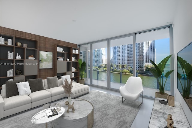 living room featuring a water view and floor to ceiling windows