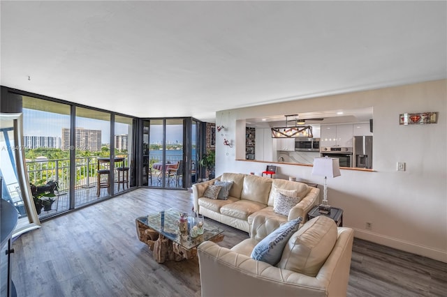 living room featuring wood-type flooring, a wall of windows, and a water view