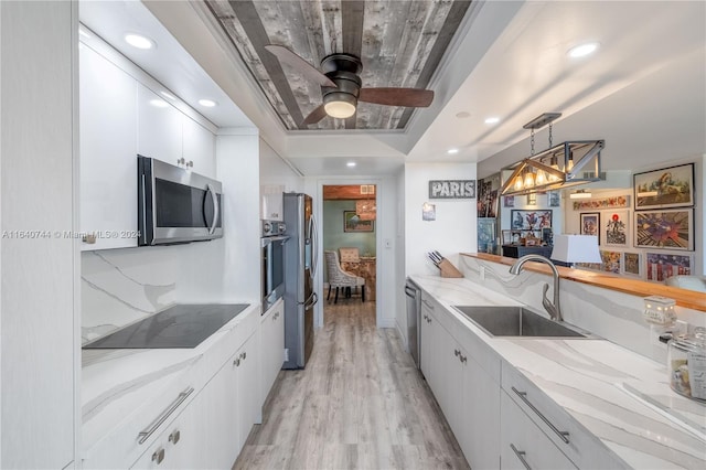 kitchen featuring hanging light fixtures, appliances with stainless steel finishes, sink, light hardwood / wood-style floors, and a raised ceiling