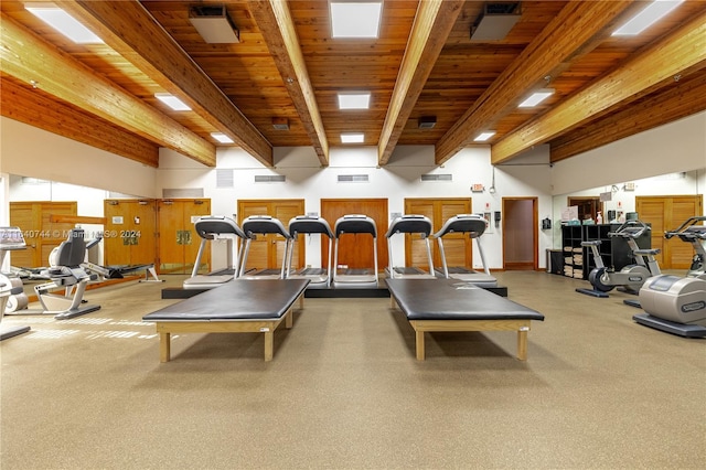 gym featuring wood ceiling