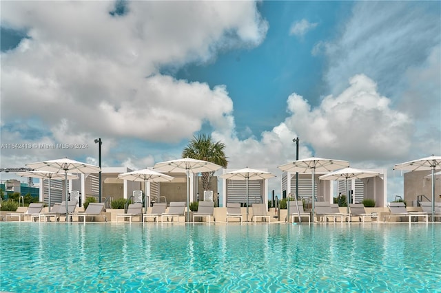 view of swimming pool featuring a patio area