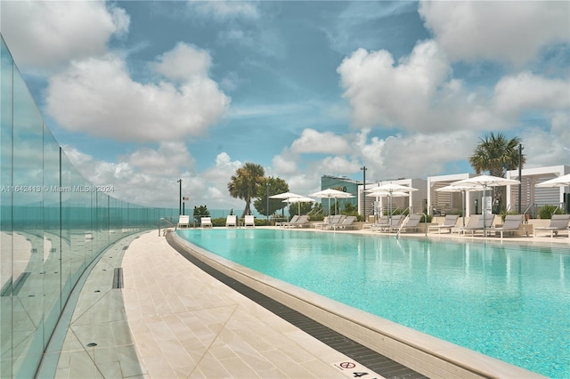 view of swimming pool featuring a patio area