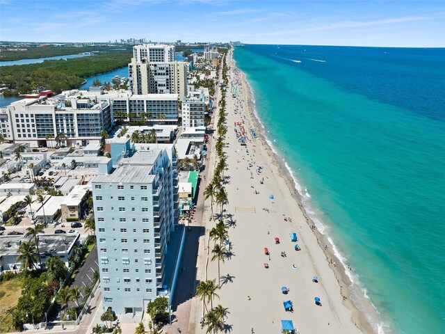 bird's eye view with a water view and a view of the beach