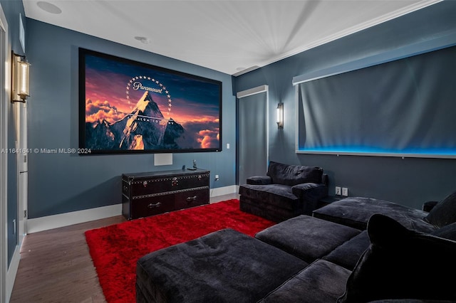 cinema room with hardwood / wood-style floors