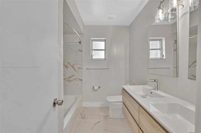 full bathroom featuring shower / washtub combination, dual vanity, toilet, and a healthy amount of sunlight