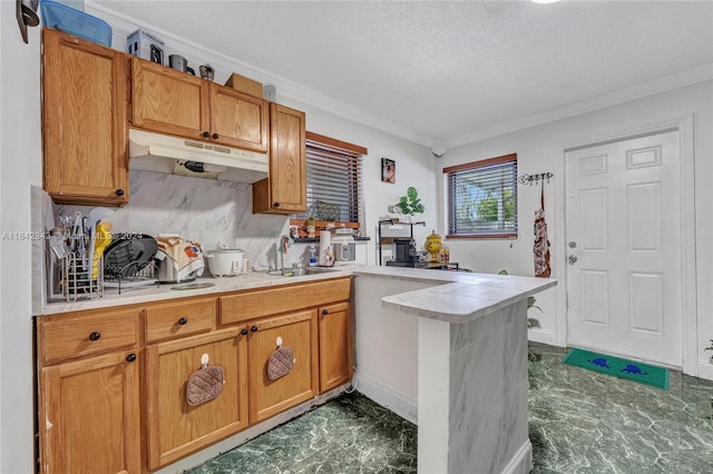 kitchen featuring a textured ceiling, kitchen peninsula, ornamental molding, and sink