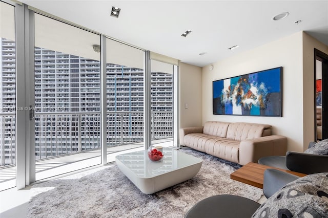 living room with a wall of windows