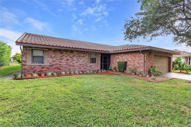 ranch-style house with a front yard and a garage