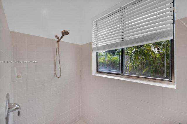 bathroom with tiled shower and plenty of natural light