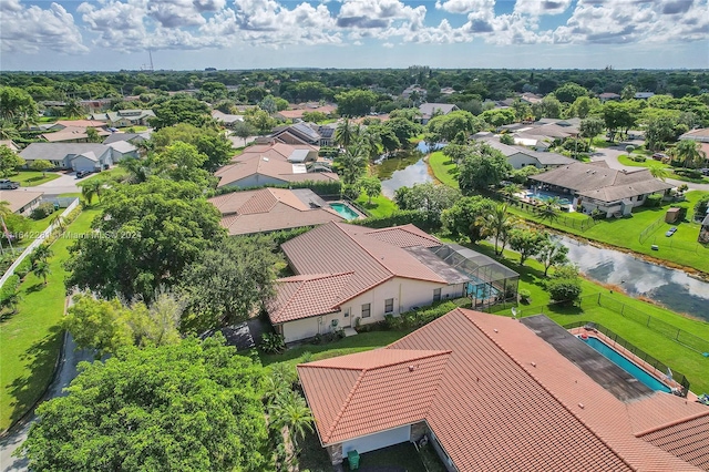 drone / aerial view featuring a water view