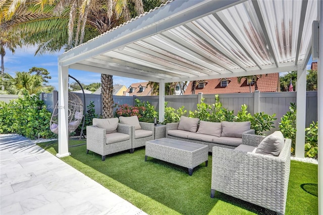 view of patio / terrace with outdoor lounge area and a pergola