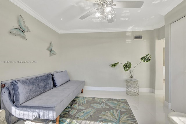 living room with light tile patterned flooring, crown molding, and ceiling fan