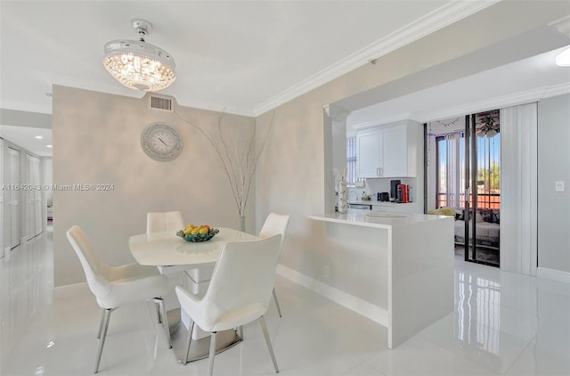 tiled dining area with a notable chandelier and ornamental molding